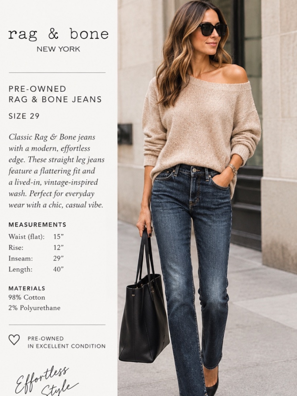rag & bone | Straight Leg High Rise Cotton Jeans | Size 29